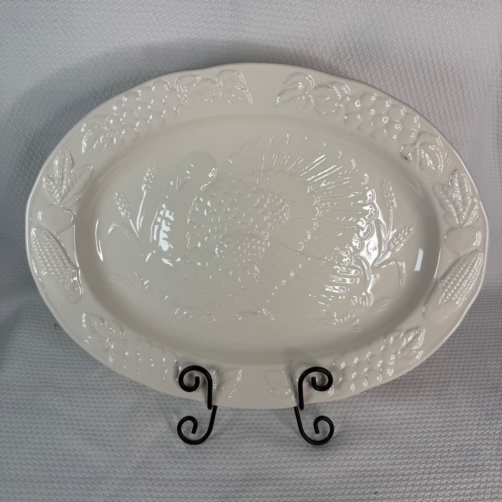 Vintage White Embossed Turkey Harvest Ceramic Oval Serving Platter Made in Japan